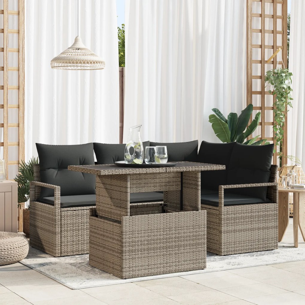 Conjunto de Sofá de Jardim de 5 Peças com Almofadas Cinza de Rattan Po