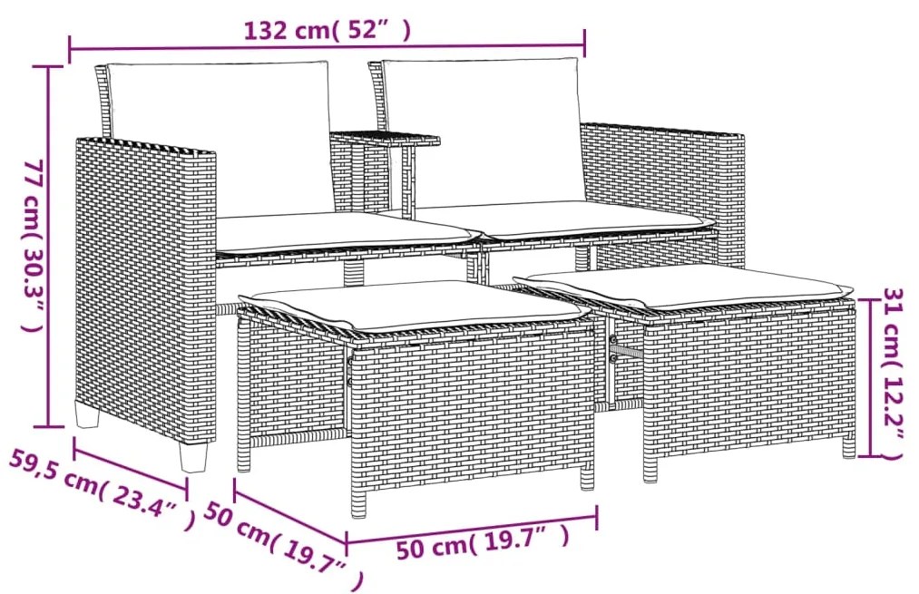 Sofá de jardim de 2 lugares com mesa e bancos vime PE bege
