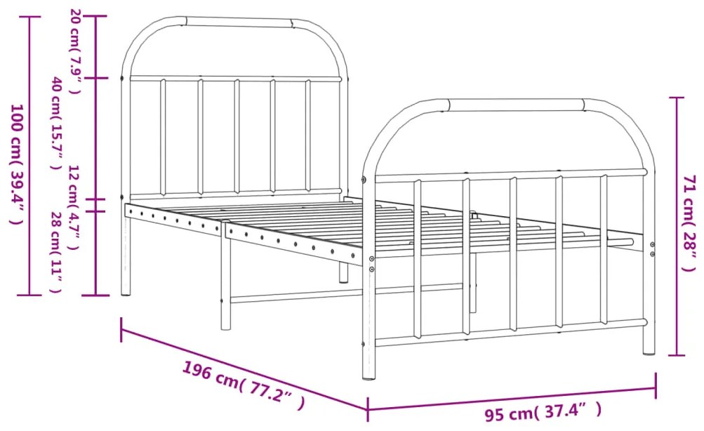 Estrutura de cama com cabeceira e pés 90x190 cm metal preto