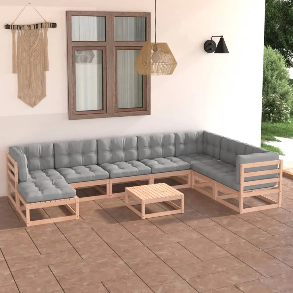 vidaXL 9 pcs conjunto lounge de jardim c/ almofadões pinho maciço