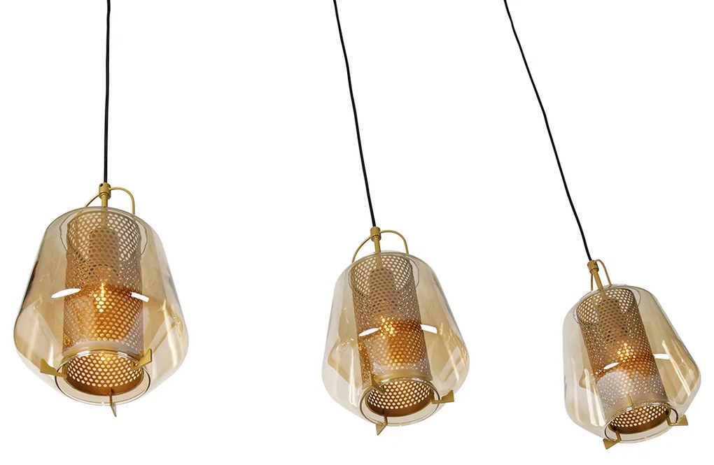 Candeeiro de suspensão dourado com vidro âmbar 23 cm oblongo 3-luzes - Kevin Art Deco