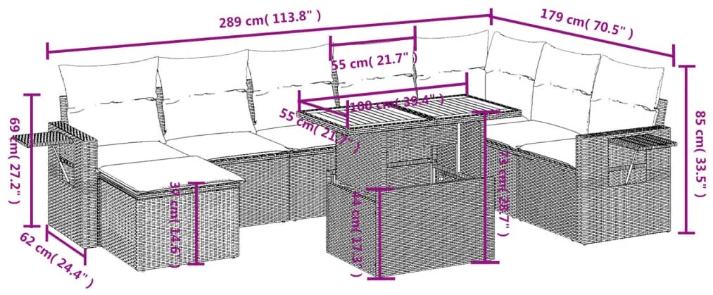 9 pcs conjunto de sofás p/ jardim c/ almofadões vime PE preto