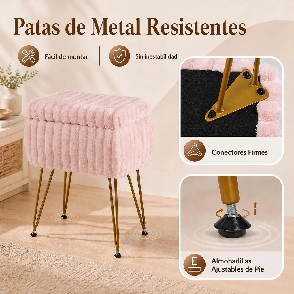 Banco para Toucador com Caixa de Arrumação, 42 x 33 x 55,5 cm, Tampa Rebatível, Rosa