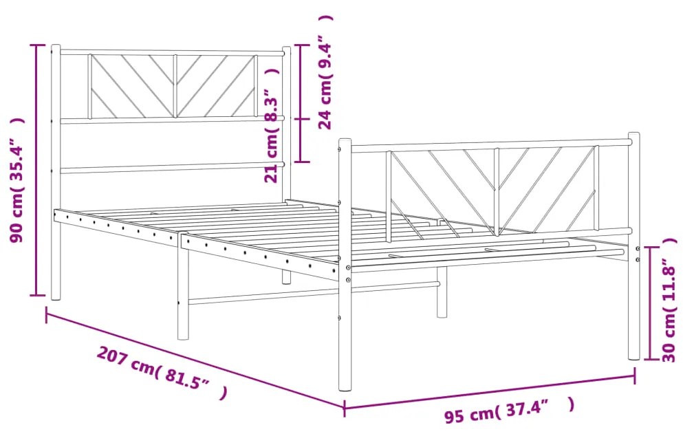 Estrutura de cama com cabeceira e pés 90x200 cm metal preto