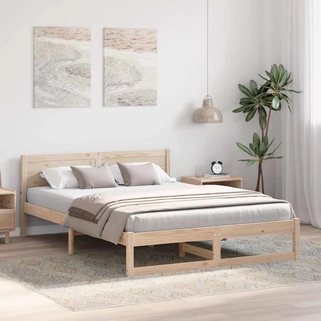 Estrutura de Cama Natural Madeira de Pinho Maciça 140 x 200 cm