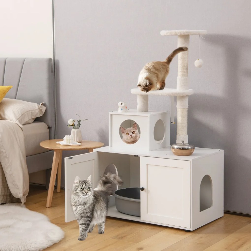 Caixa de areia para Gatos e armário de torre inicial com esconderijo e expositor 77-5 x 49 x 132 cm branco