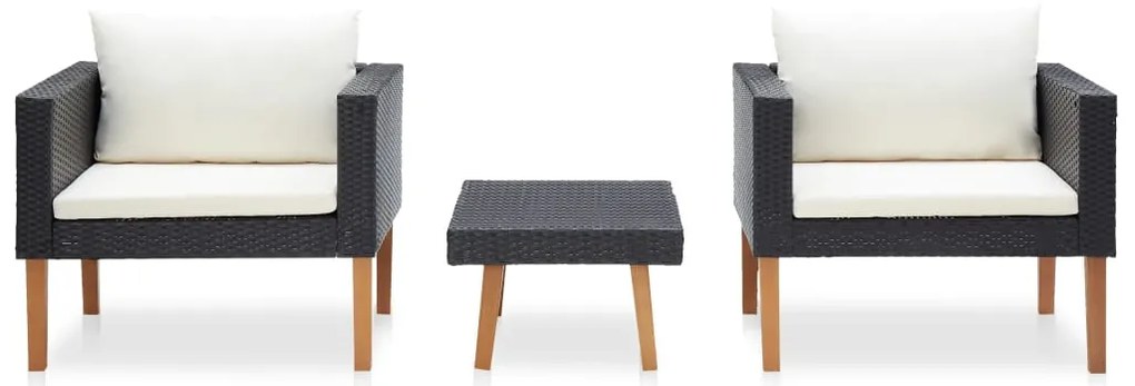 3 pcs conjunto lounge para jardim c/ almofadões vime PE preto