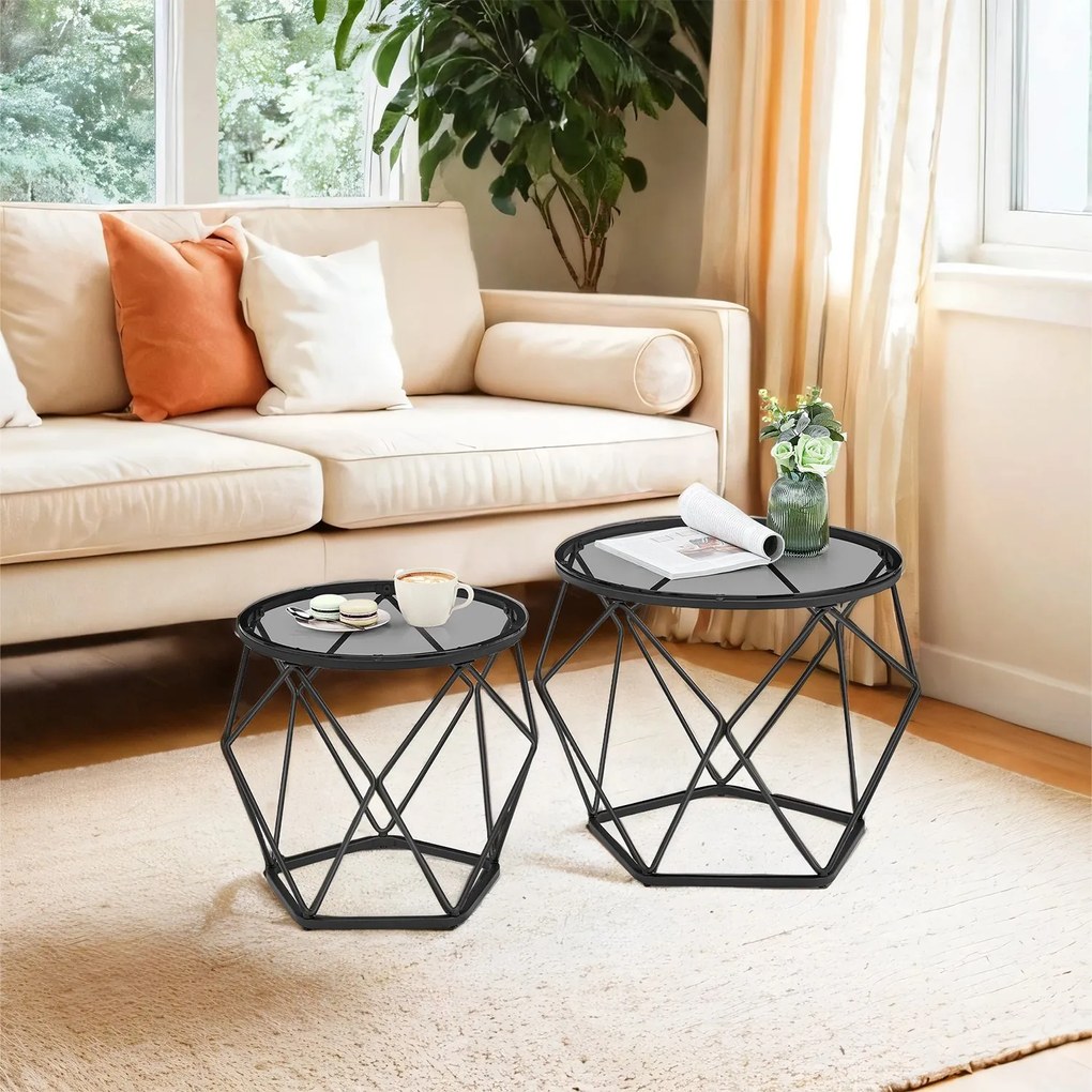 Conjunto de 2 Mesa de centro redondas, mesa de sala de estar cinza ardósia-preto