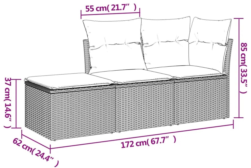 3 pcs conjunto sofás de jardim com almofadões vime PE preto