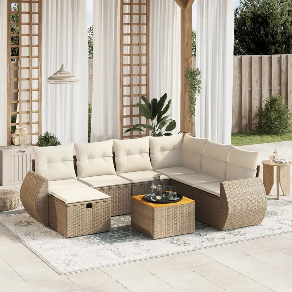 8 pcs conjunto de sofás p/ jardim com almofadões vime PE bege