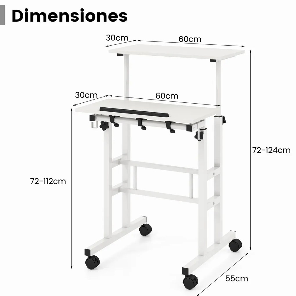 Secretária de pé para computador 60 x 30 x 72-124 cm com rodas Altura ajustável Tampo dividido e ângulo ajustável 2 ganchos Branco