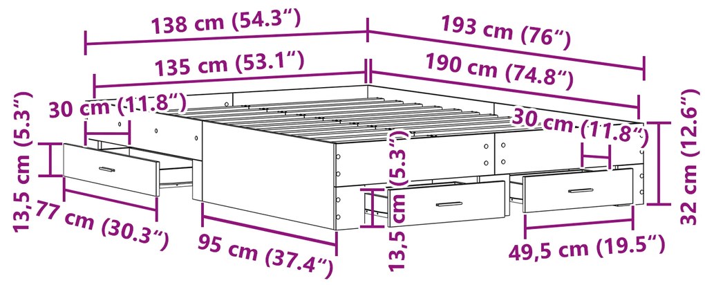 Estrutura de Cama vidaXL com Gavetas Madeira Antiga 135x190 cm Madeira