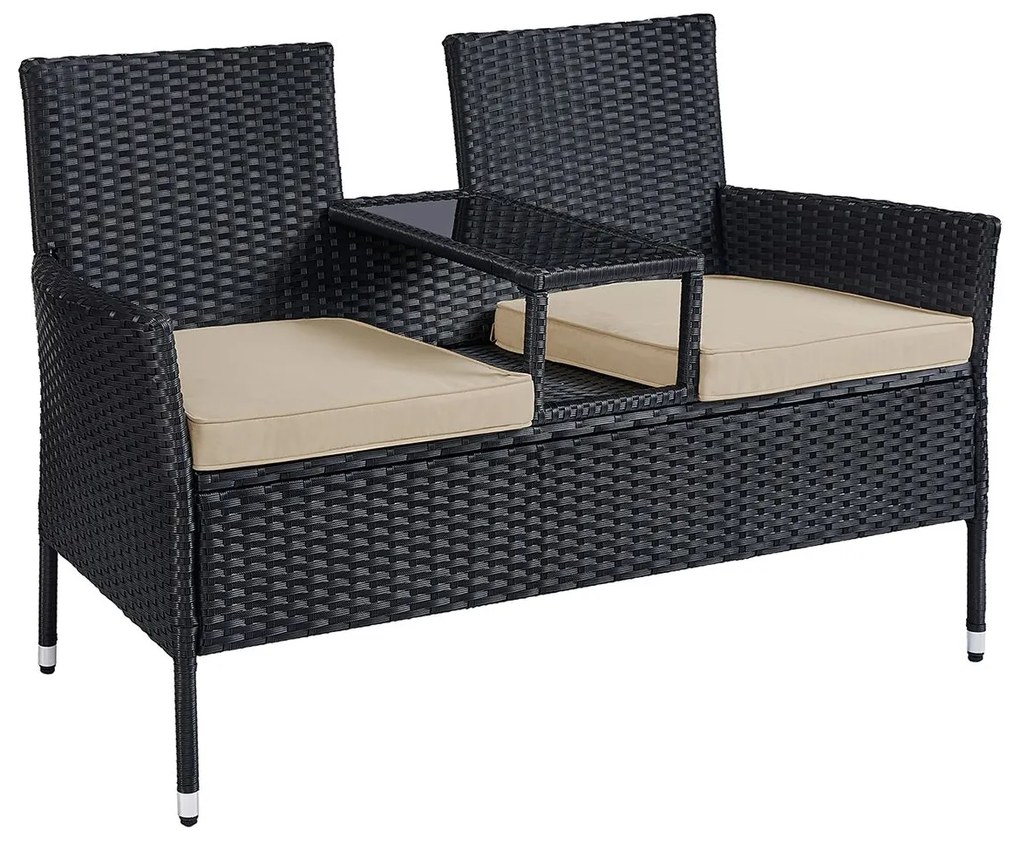 Banco de jardim em polyrattan PE com mesa 65 x 131 x 84 cm preto-taupe