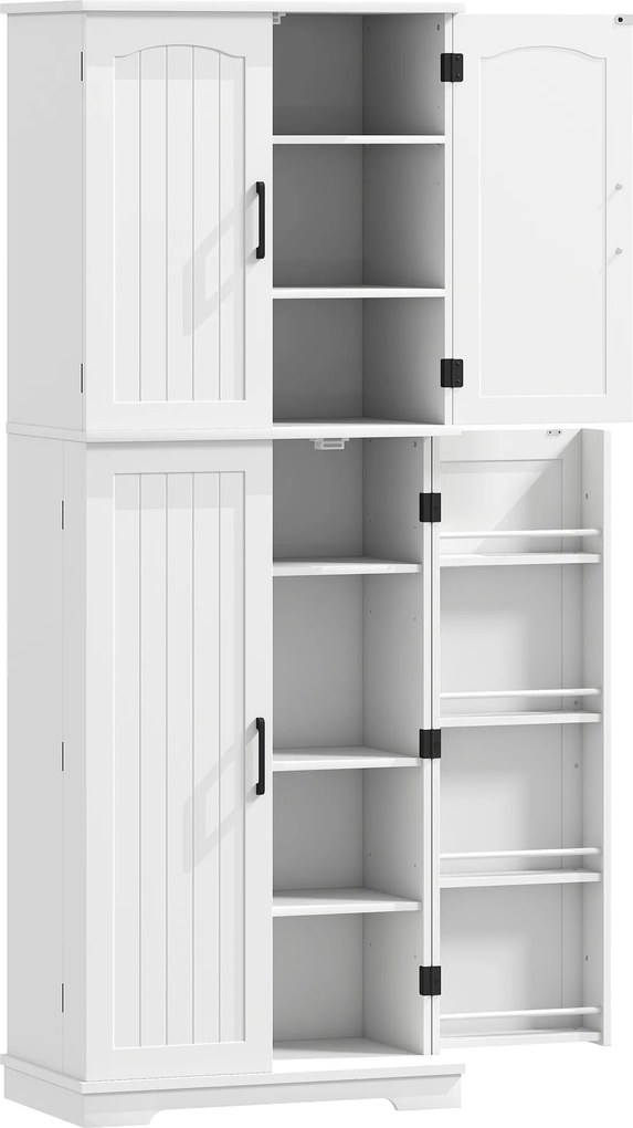 HOMCOM Armário de Cozinha com 4 Portas 10 Nichos 8 Porta-Temperos e Prateleiras Ajustáveis 60x35x162cm Branco | Aosom Portugal