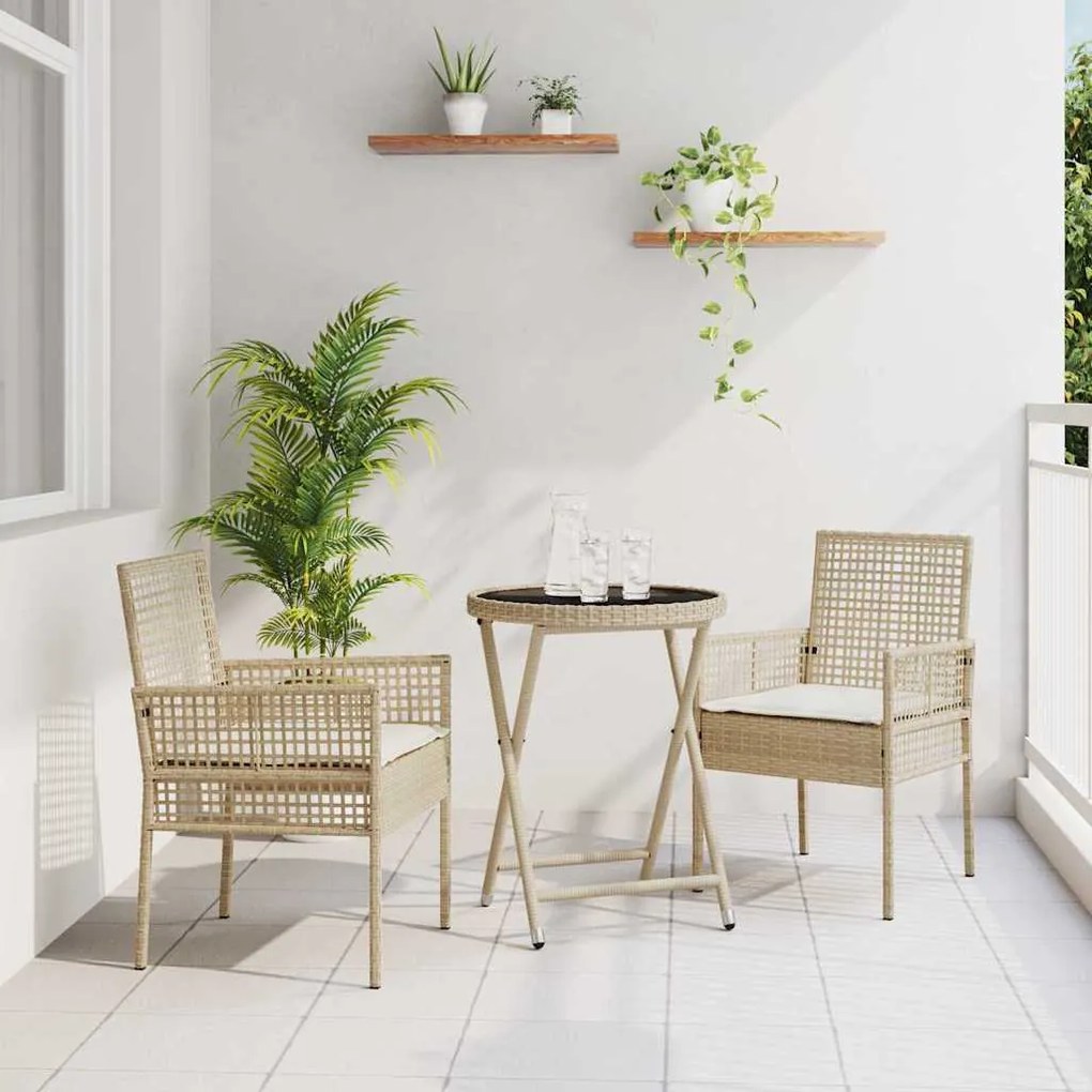 Conjunto de Bistro de Jardim 3 Peças com Almofadas Bege em Rattan Poli