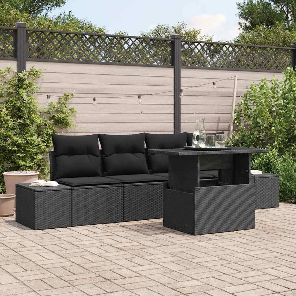 vidaXL Conjunto de sofá de jardim de 5 peças com almofadas pretas de rattan sintético