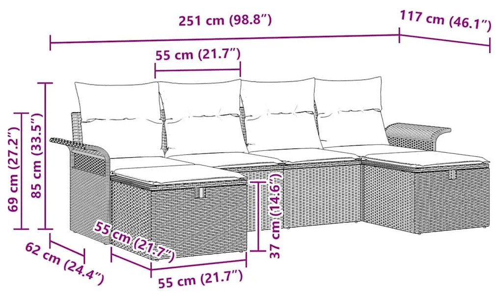 Conjunto de Sofás de Jardim 6 Peças com Almofadas Preto Rattan Poliést