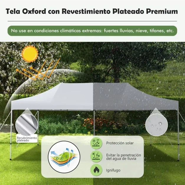 Tenda 3 x 6 m dobrável Pop-up UPF 50+ instantâneo sobre rodas Tenda impermeável para casamentos Festas Campismo Branco