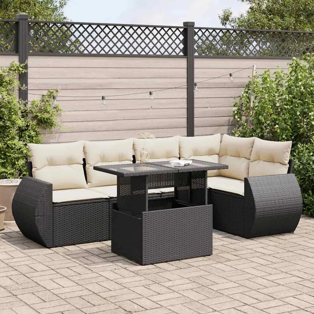 6 pcs conjunto sofás de jardim c/ almofadões vime PE preto