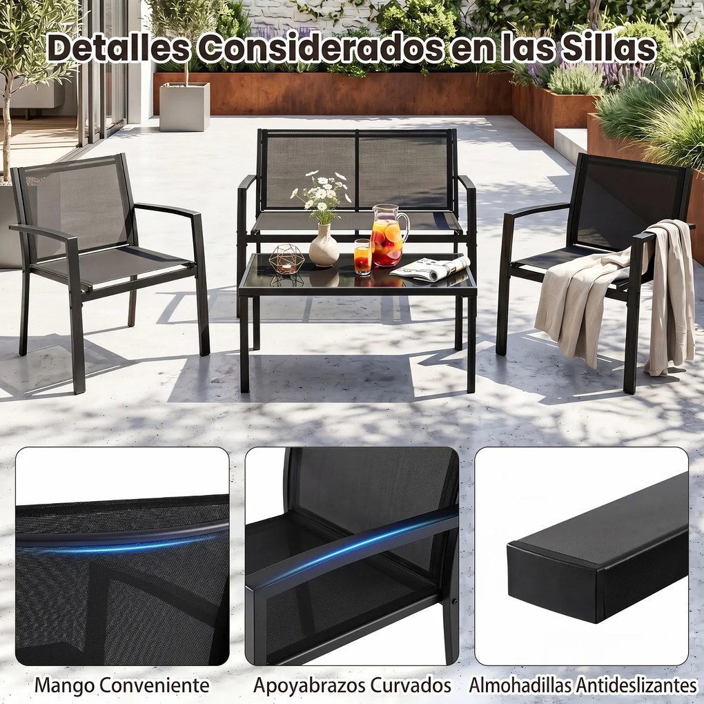 Conjunto de 4 Peças com 2 Cadeirões, Sofá de 2 Lugares e Mesa Auxiliar, 65,5 x 60,5 x 78 cm, Tampo em Vidro Temperado, Preto+Cinza