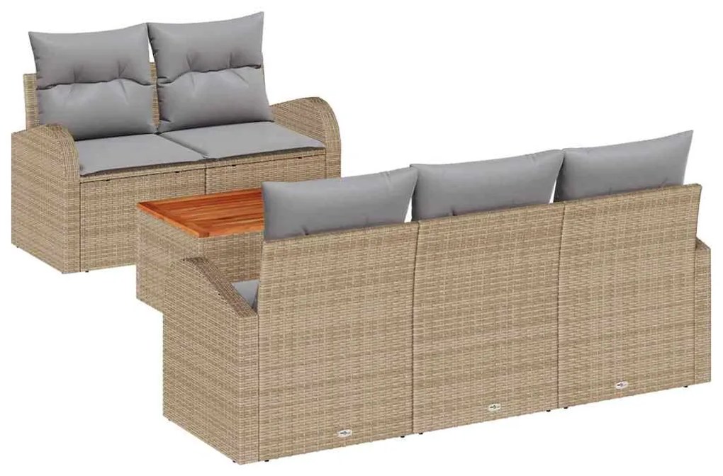 Sofa de Jardim 6 peças com Almofadas Bege em Rattan Sintético e Madeir