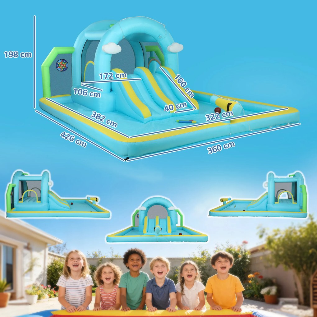 Castelo Insuflável Aquático 7 em 1 com Insuflador 450W 2 Escorregas Trampolim Piscina Cesto Coluna de Boxe 426x360x198 cm Multicor