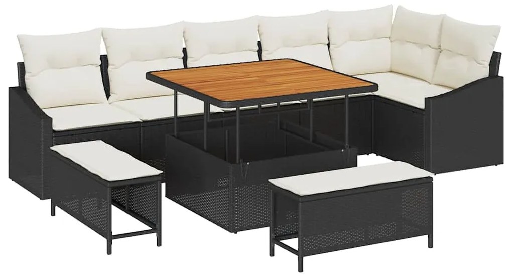Conjunto de Sofá de Jardim de 9 Peças com Almofadas Preto Rattan Acáci