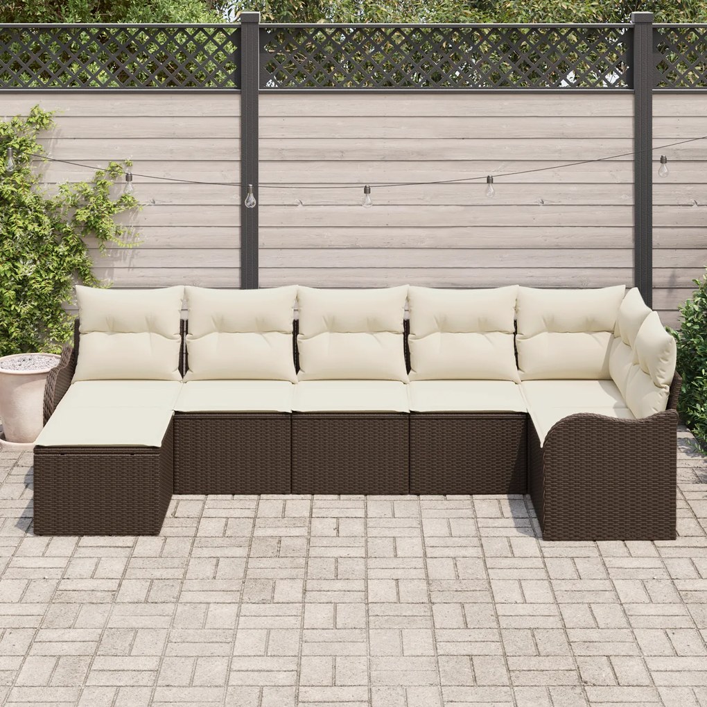 Conjunto de Sofá de Jardim de 7 Peças com Almofadas Vime PE Castanho