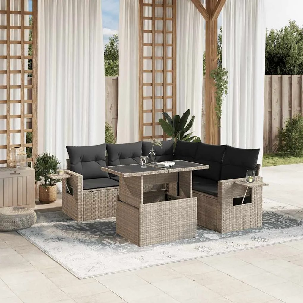 vidaXL 6 pcs conj. sofás jardim com almofadões vime PE cinzento-claro