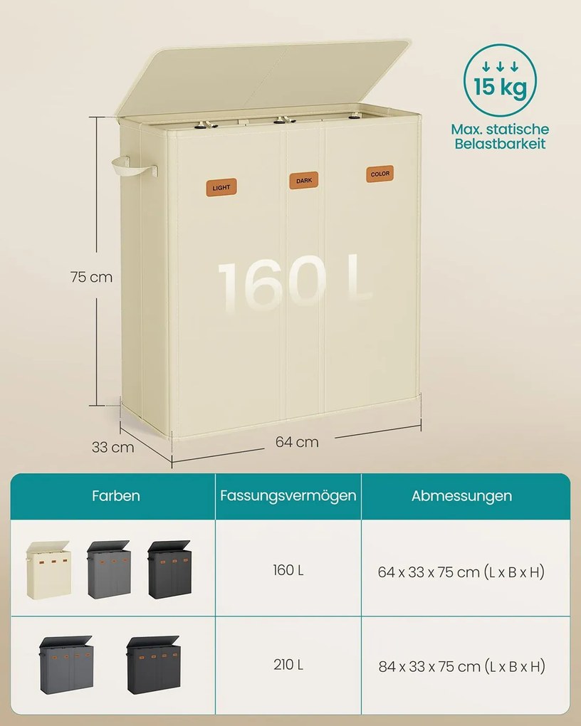 Cesto para roupa suja com três compartimentos (160L) 64 x 33 x 75 cm Creme