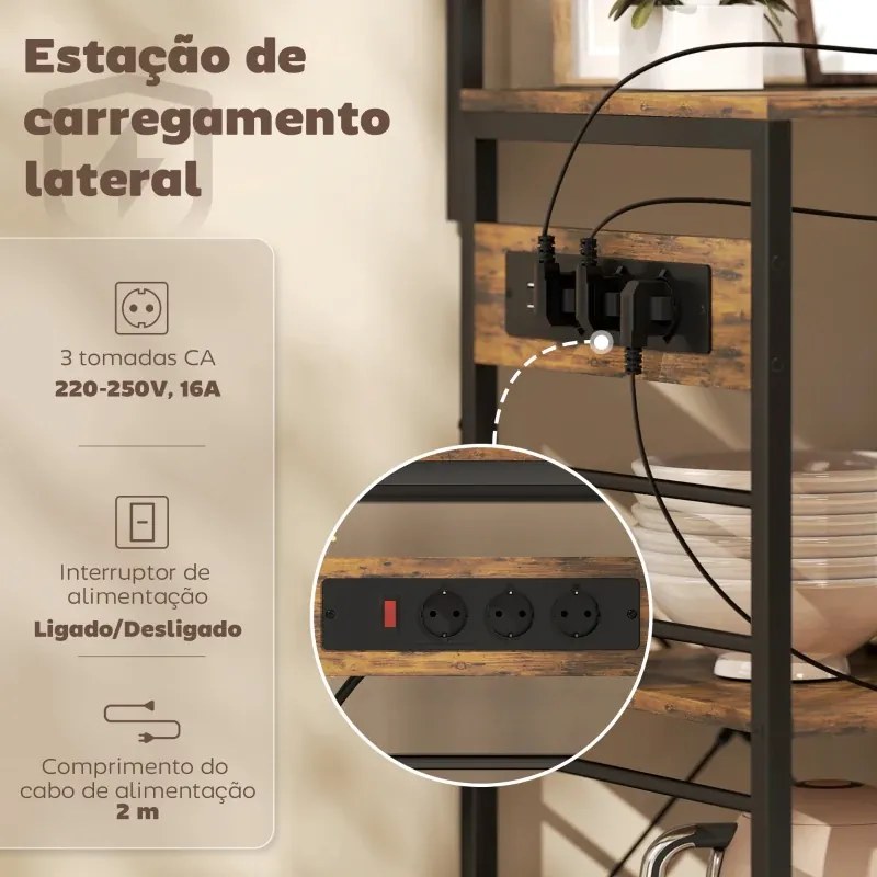 Armario de Cozinha com Três Tomadas e Luzes LED Estilo Industrial com Prateleiras para Micro-ondas 80x42x162 cm Castanho Rústico e Preto