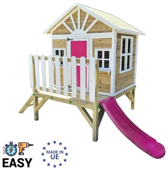 Casa de brincar para crianças com escorrega 200 x 209,5 x 225,5 cm de madeira em painéis VISBY elevada 60 cm Rosa