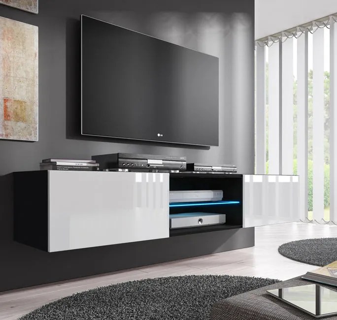 Móvel TV Suspenso Valbom – 160x30 cm – Preto e Branco com LED, Porta A