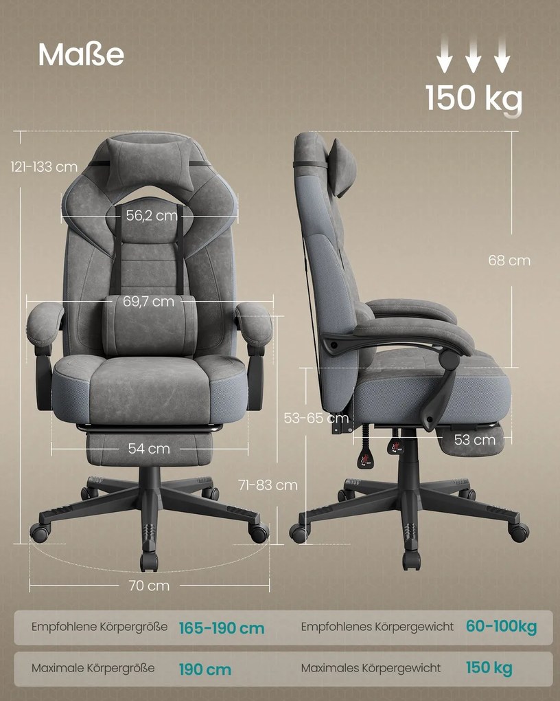 Cadeira de gaming com apoio para os pés e almofada ajustável para a cabeça, cinzento ardósia