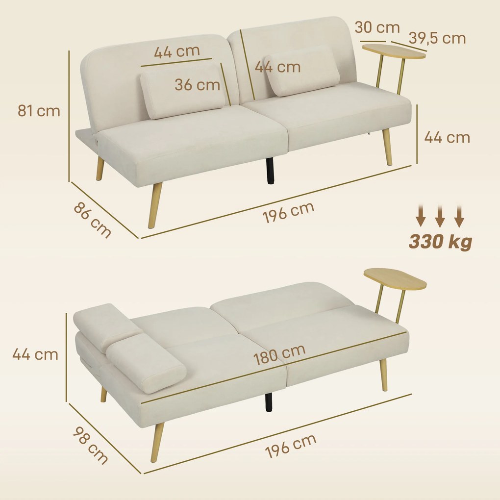 Sofá Cama de 3 Lugares com Mesa Auxiliar 3 em 1 com Encosto Ajustável Abertura Click-Clack 196x86x81 cm Bege