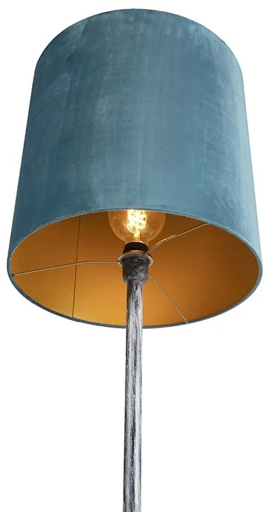 Candeeiro de pé cinzento antigo com cúpula em veludo azul 40 cm - Simplo Retro