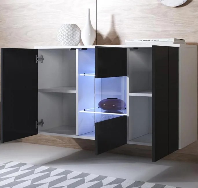 Aparador Suspenso "Clash" com Luz LED - 120x70x40 cm - Branco e Preto