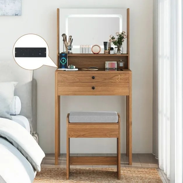 Toucador com espelho e iluminação Mesa de maquilhagem com tomadas elétricas 3 modos de iluminação e banco acolchoado natural