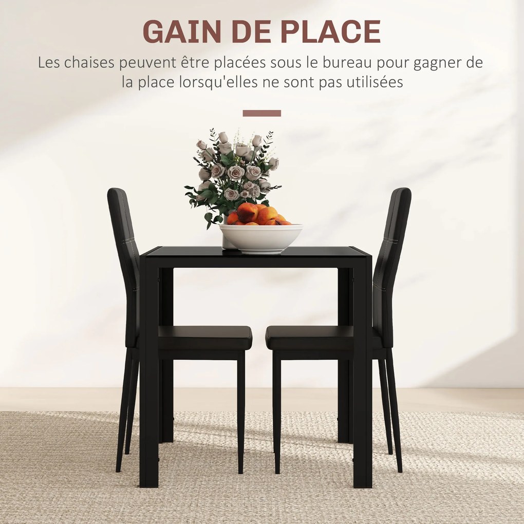 Conjunto de mesa de jantar e cadeiras para 2 pessoas, tampo retangular em vidro, para cozinha, sala de estar e casa, preto