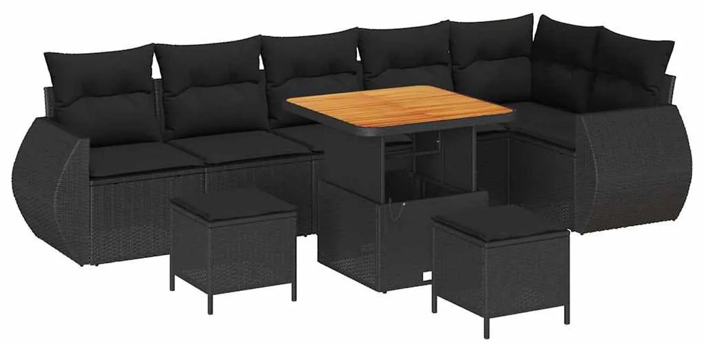 Conjunto de Sofá de Jardim 9 Peças com Almofadas de Rattan Preto e Acá