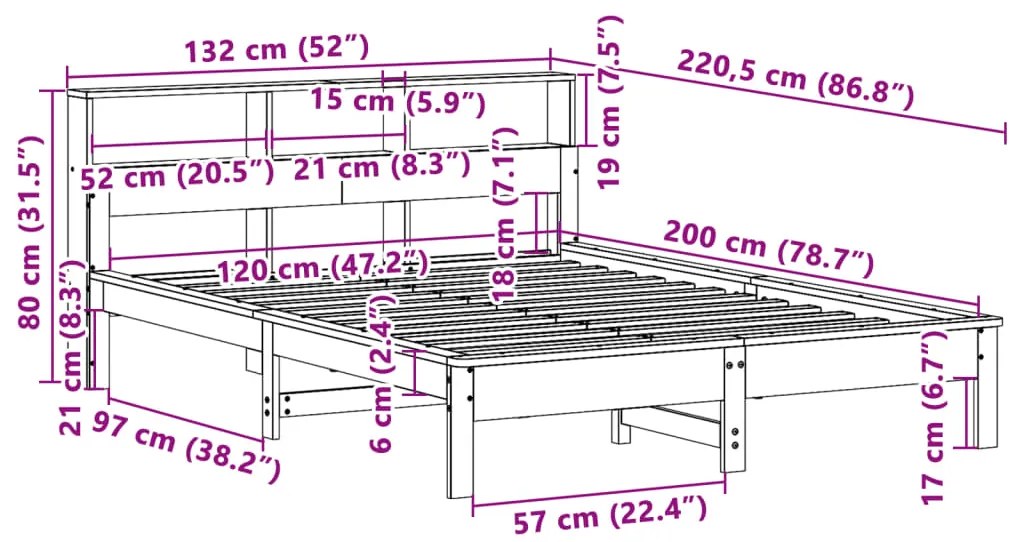 Cama com estante sem colchão 120x200 cm pinho maciço branco