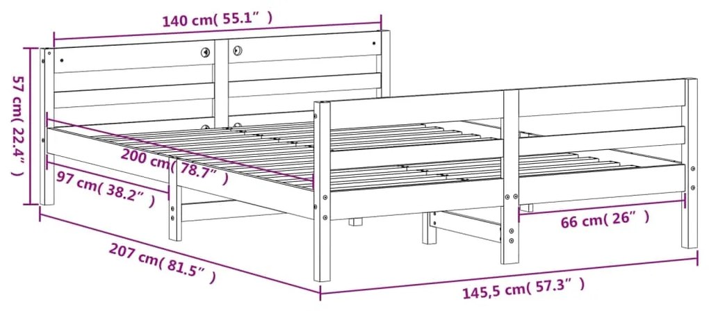 Estrutura de cama com cabeceira 140x200 cm pinho maciço