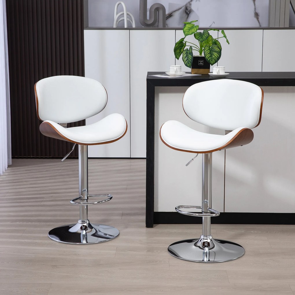 Conjunto de 2 cadeiras de bar com banco regulável em altura, revestimento sintético, 53 x 52 x 92-112 cm, branco