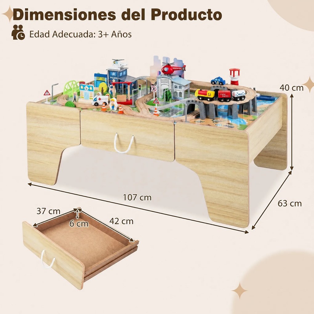 Mesa de Comboio para Crianças, 107 x 63 x 40 cm, Multifuncional 3 em 1, Natural