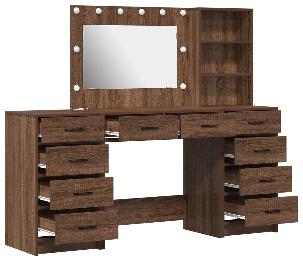 Conjunto de Mesa de Maquilhagem de 3 Peças com LED em Madeira de Carva
