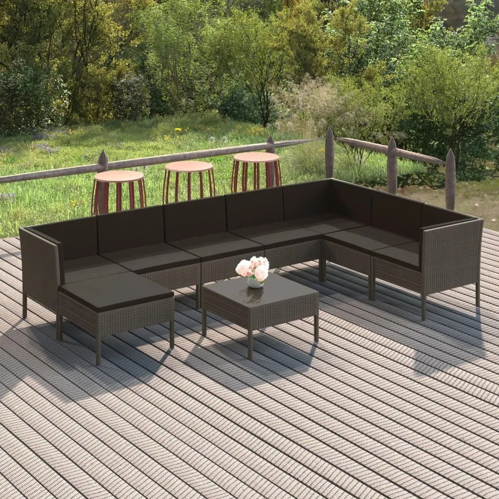 vidaXL 9 pcs conjunto lounge de jardim c/ almofadões vime PE cinzento