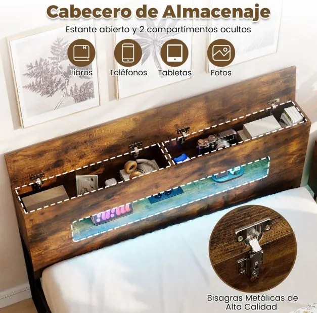 Estrutura Cama 200 x 140 cm com luzes LED (COLCHÃO NÃO INCLUIDO), cabeceira com espaço de armazenamento, tomadas elétricas e estrado de ripas Castanho