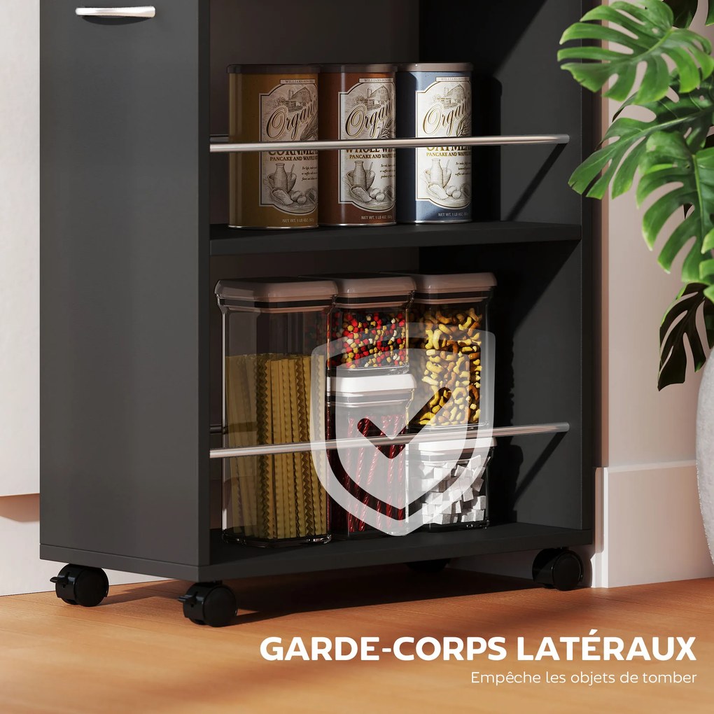 Carrinho de serviço de cozinha com rodas 25 x 50 x 85 cm, 1 gaveta e 2 prateleiras abertas para sala de jantar, preto