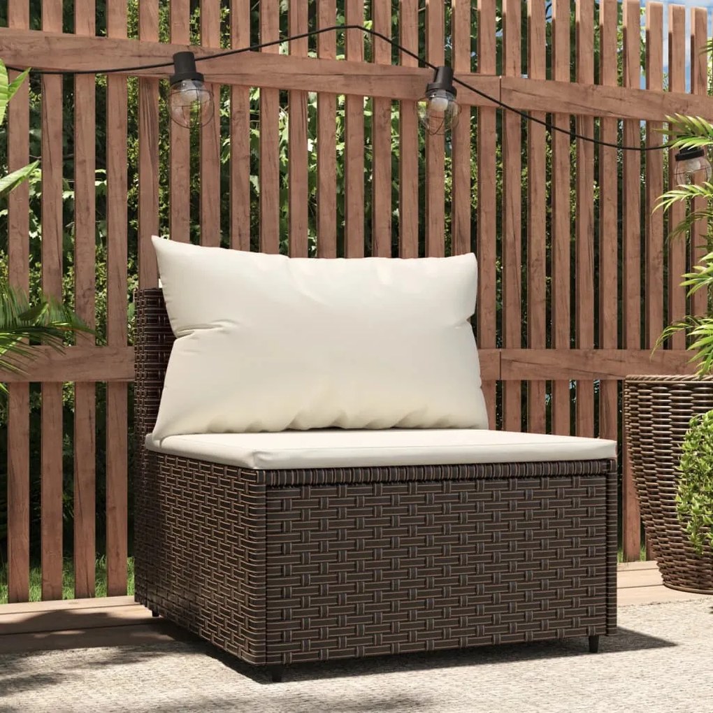 319753 vidaXL Sofá de centro para jardim com almofadões vime PE castanho