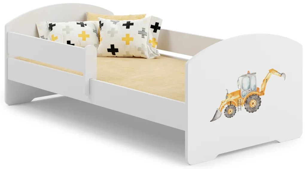 Cama infantil LUK escavadora 140x70 branca com grade - colchão e estrado incluído